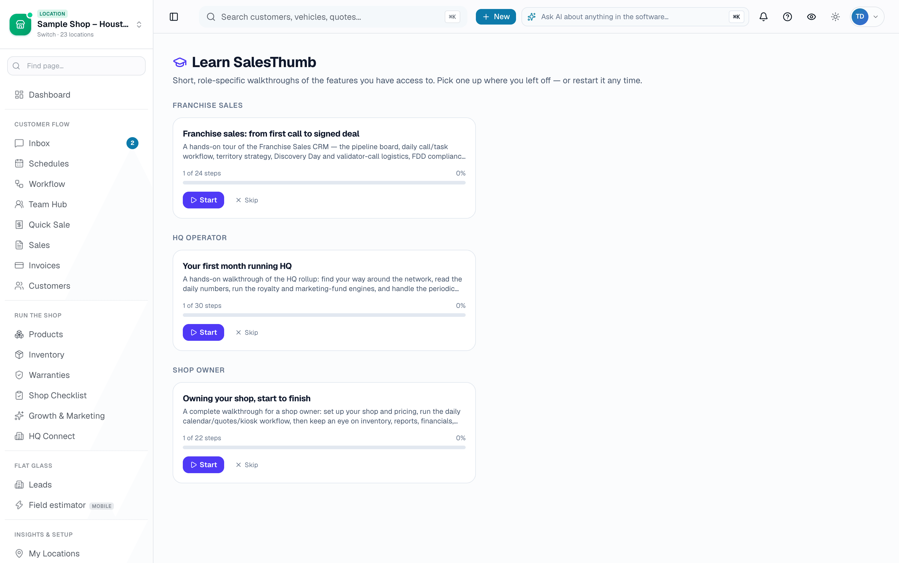 Every tour for your role, grouped by role and progress-tracked. Each one starts, skips, resumes where you left off, or resets.