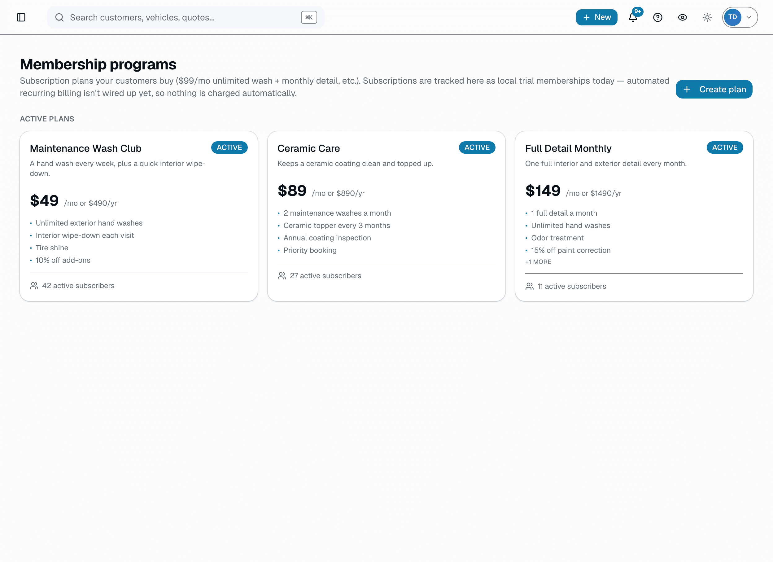SalesThumb memberships: a detailer's monthly plans with price, included visits and active members