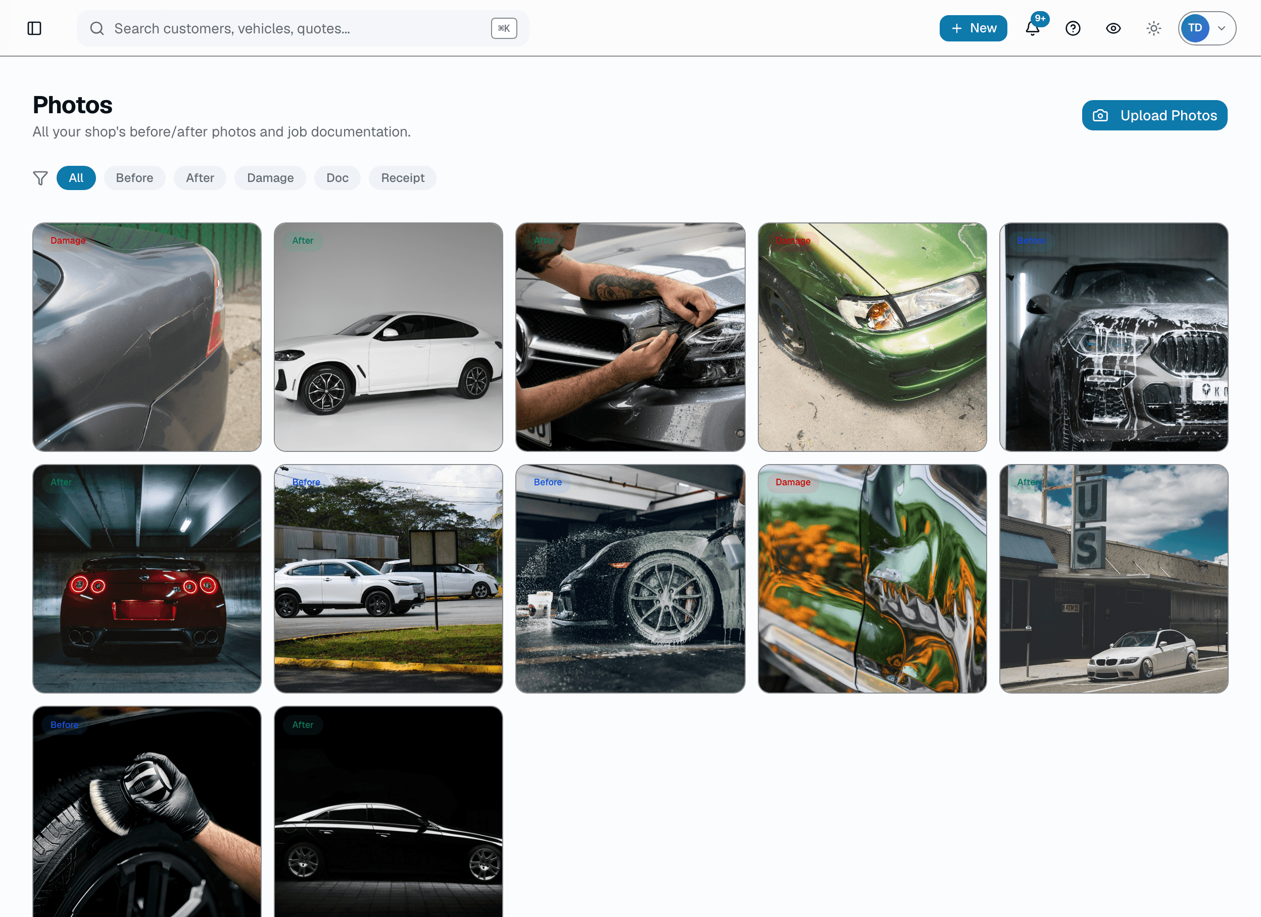 Photo grid filterable by kind (before, after, damage, document, receipt), with AI-suggested captions on the Pro plan.