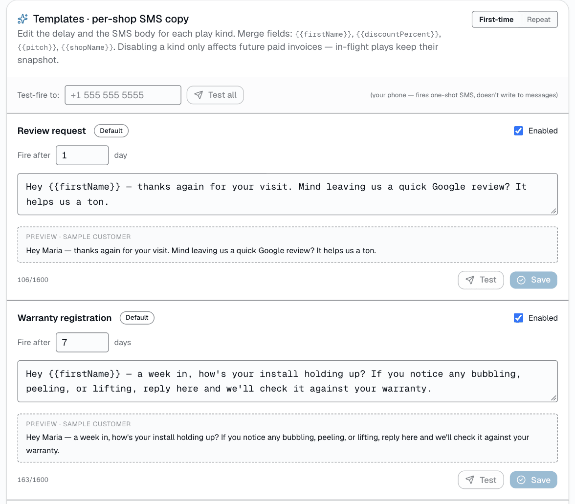 Edit each kind's SMS copy + delay + enabled state. HQ tier can set an org default that shops without their own edit inherit — a shop's own customization always wins.
