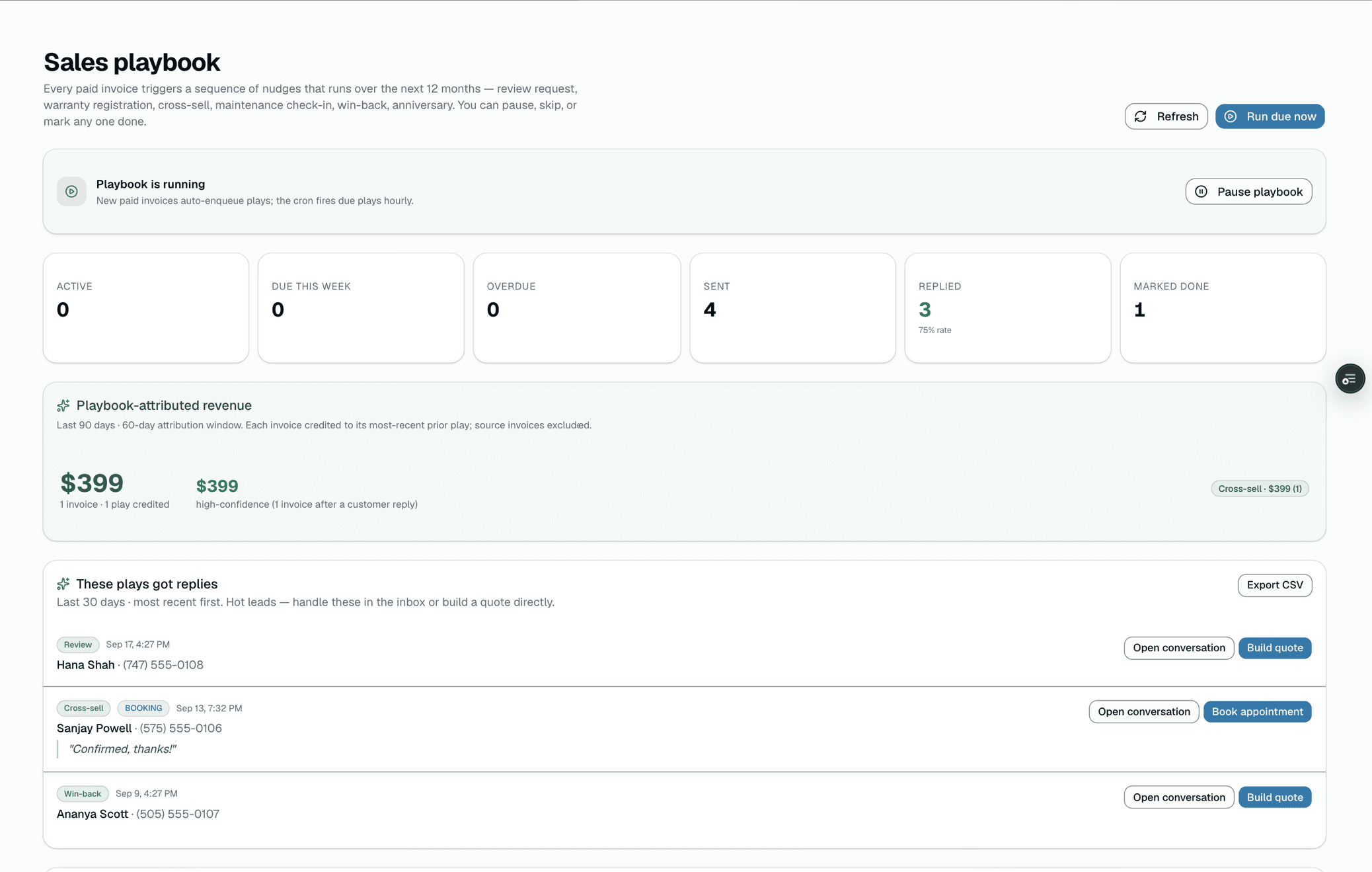 SalesThumb sales playbook timeline for a paid invoice