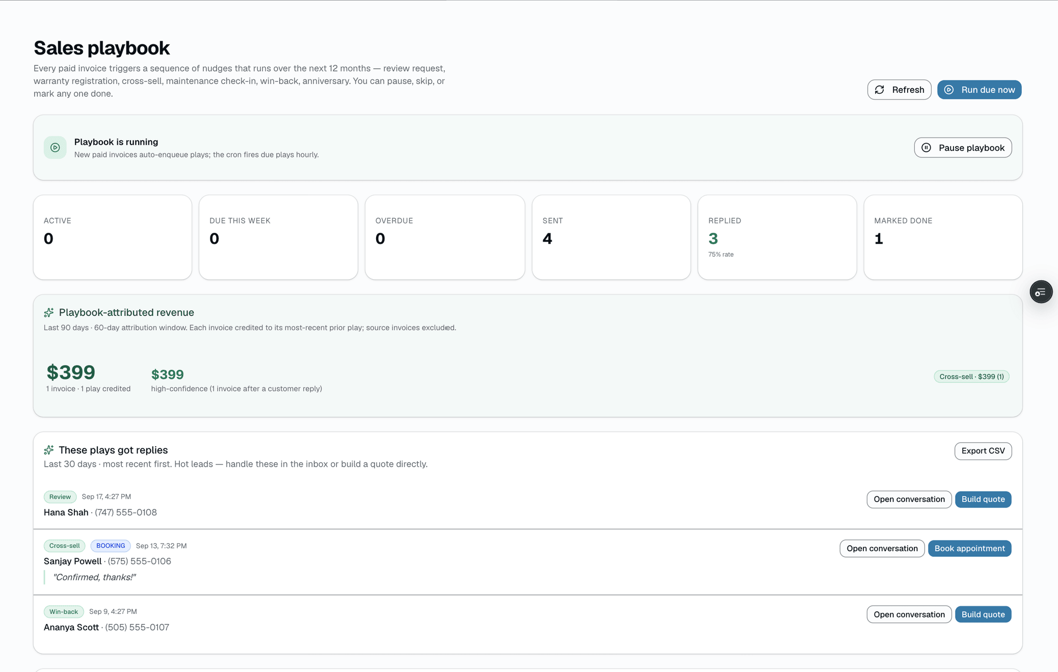 Six steps queued automatically when invoice #2841 flipped PAID. First two already sent; the rest scheduled out 12 months.