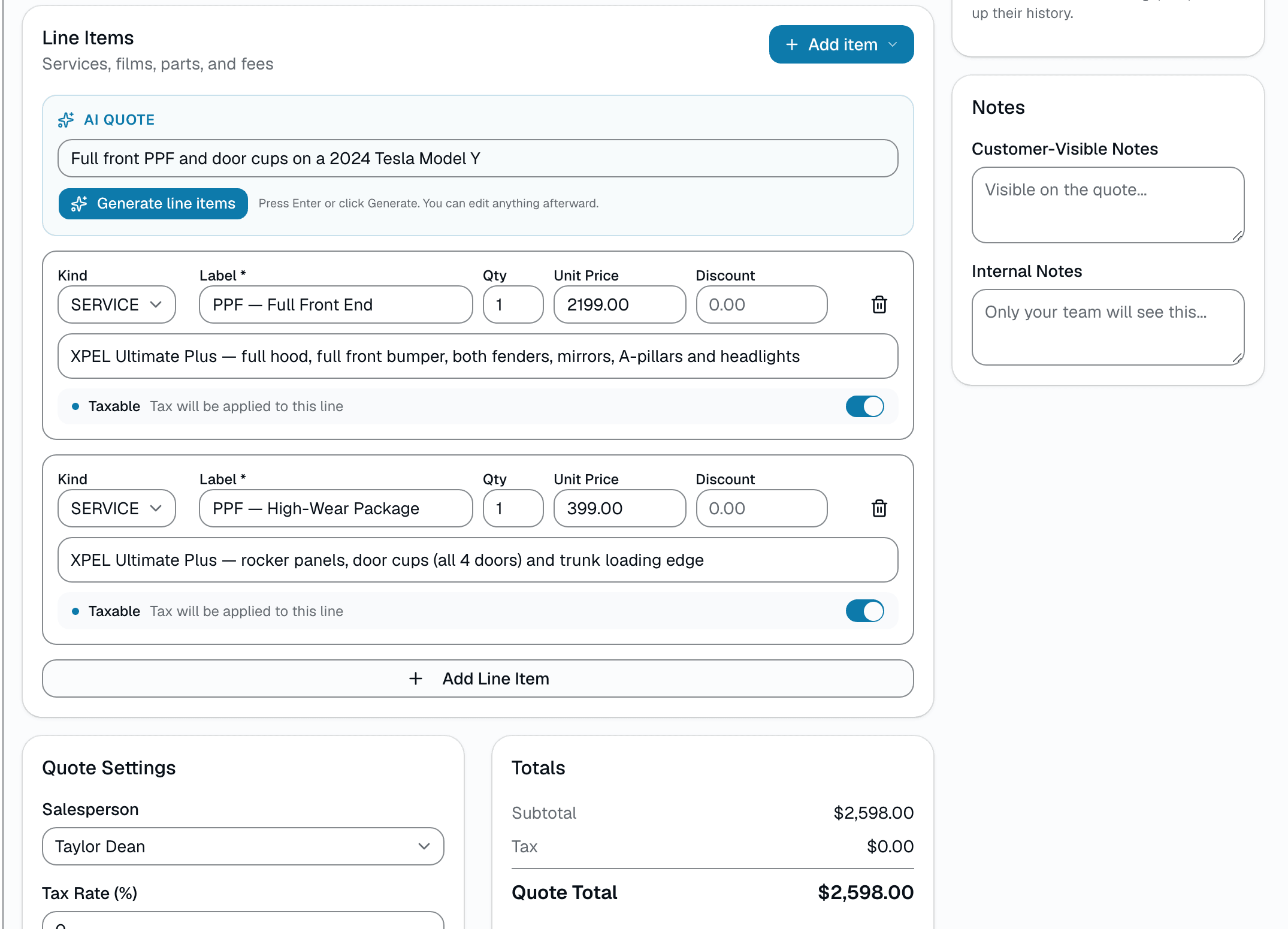SalesThumb quote builder: the rep typed 'Full front PPF and door cups on a 2024 Tesla Model Y' and AI Quote filled in the shop's Full Front End and High-Wear PPF packages with prices