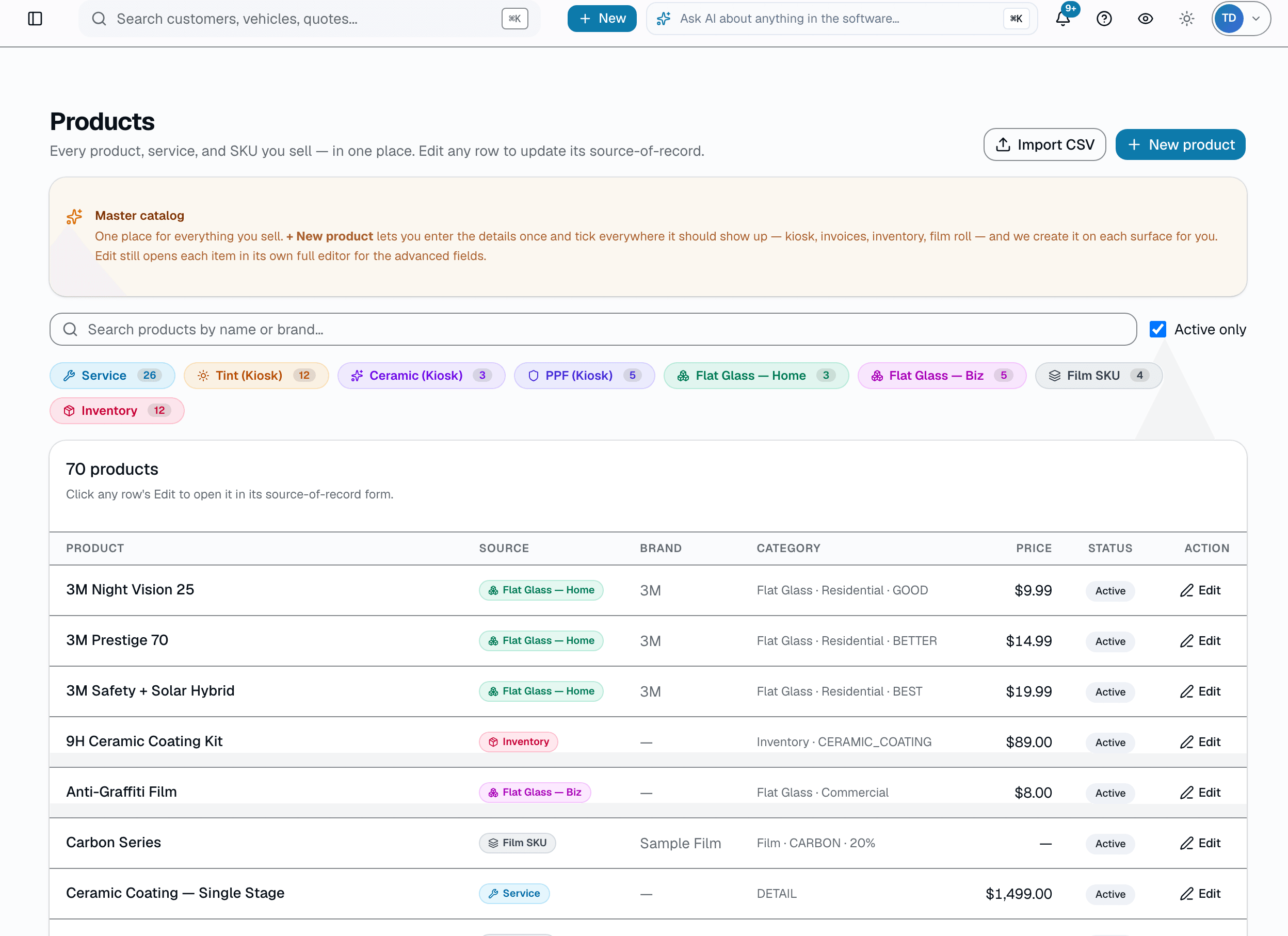 Every service you offer, with category, duration, default price, and a taxable toggle.