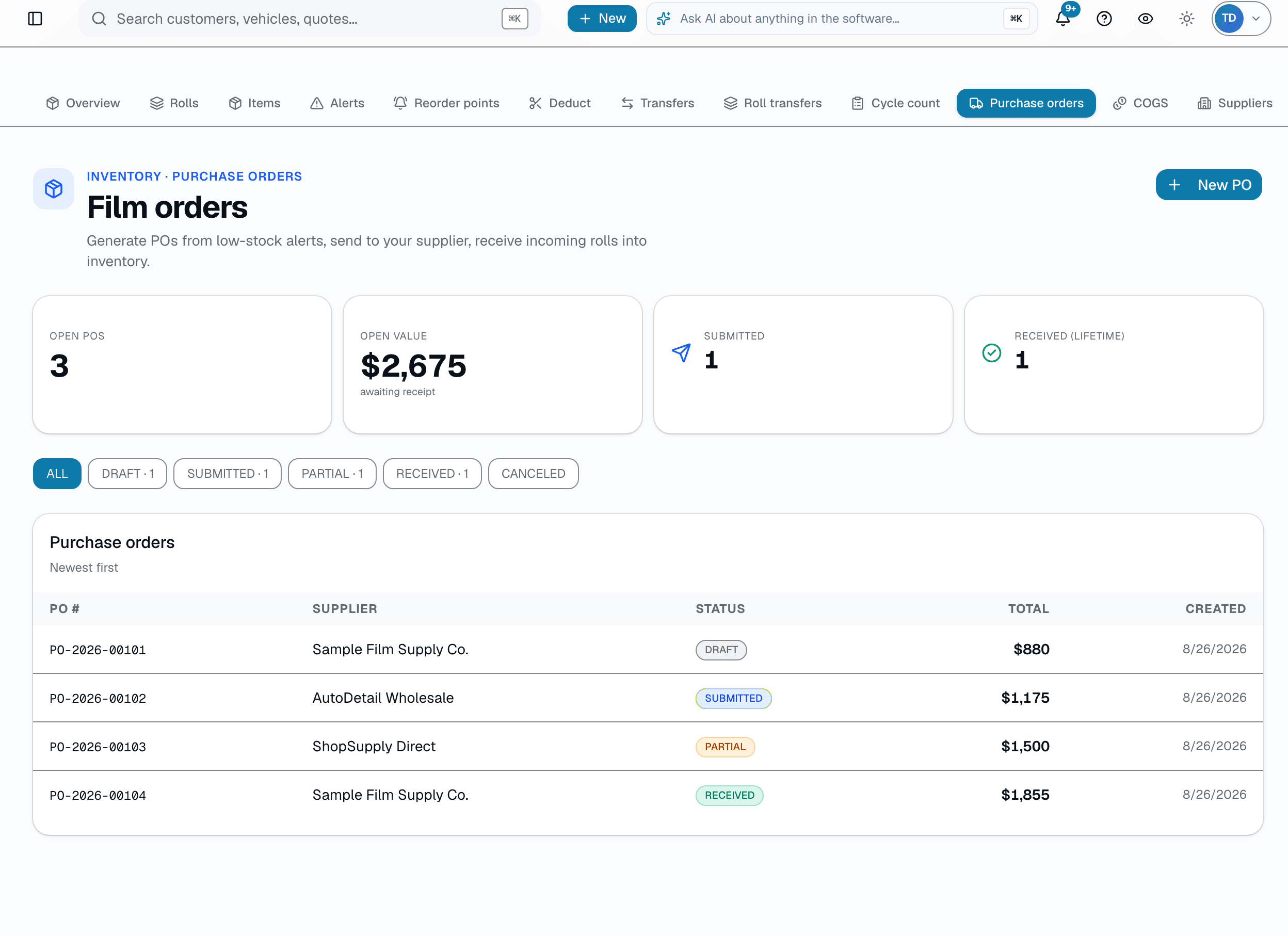 Create a purchase order, send it, and when the shipment arrives, receive each line — SalesThumb creates a film-roll record per roll received, with the cost snapshot from the PO line. Partially-received lines stay open until the rest arrives..