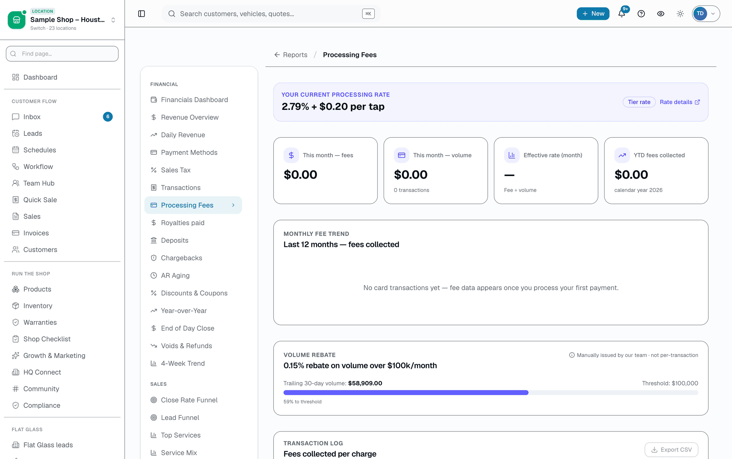 Your processing rate is a single all-in number set by your plan tier — interchange, network fees, and SalesThumb's cut are already folded together, so there's no separate "processor fee" plus "platform markup" to add up. Reports → Fees shows your effective rate, per-transaction fees, and progress toward the volume rebate.
