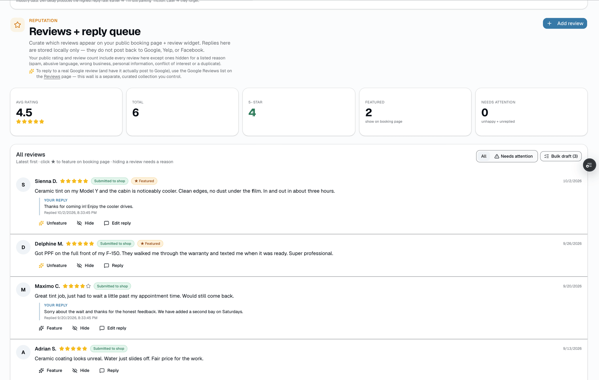 Each review gets a suggested on-brand reply, drafted on demand. The tone adapts to the rating — a warm thank-you for a 5-star, a measured, take-it-offline tone for a 1- or 2-star.