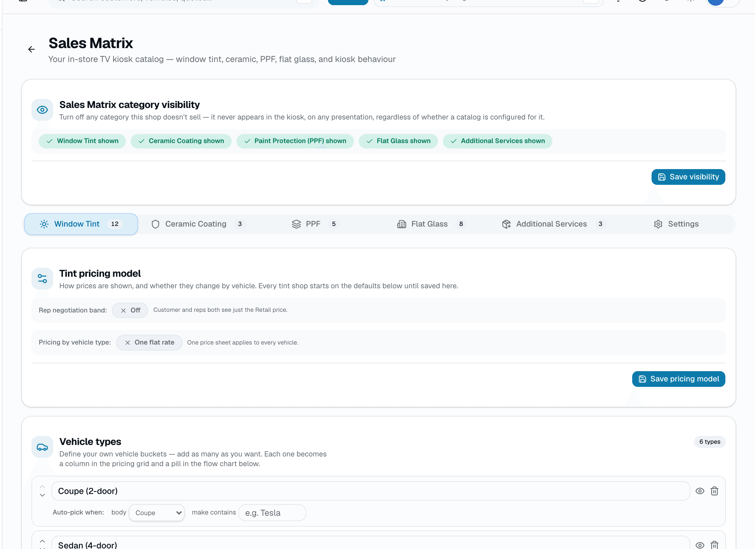 Category visibility and the per-category catalog behind the kiosk — turn off anything this shop doesn't sell and it never appears in a presentation, whatever else is configured. This is what the Present flow reads from.
