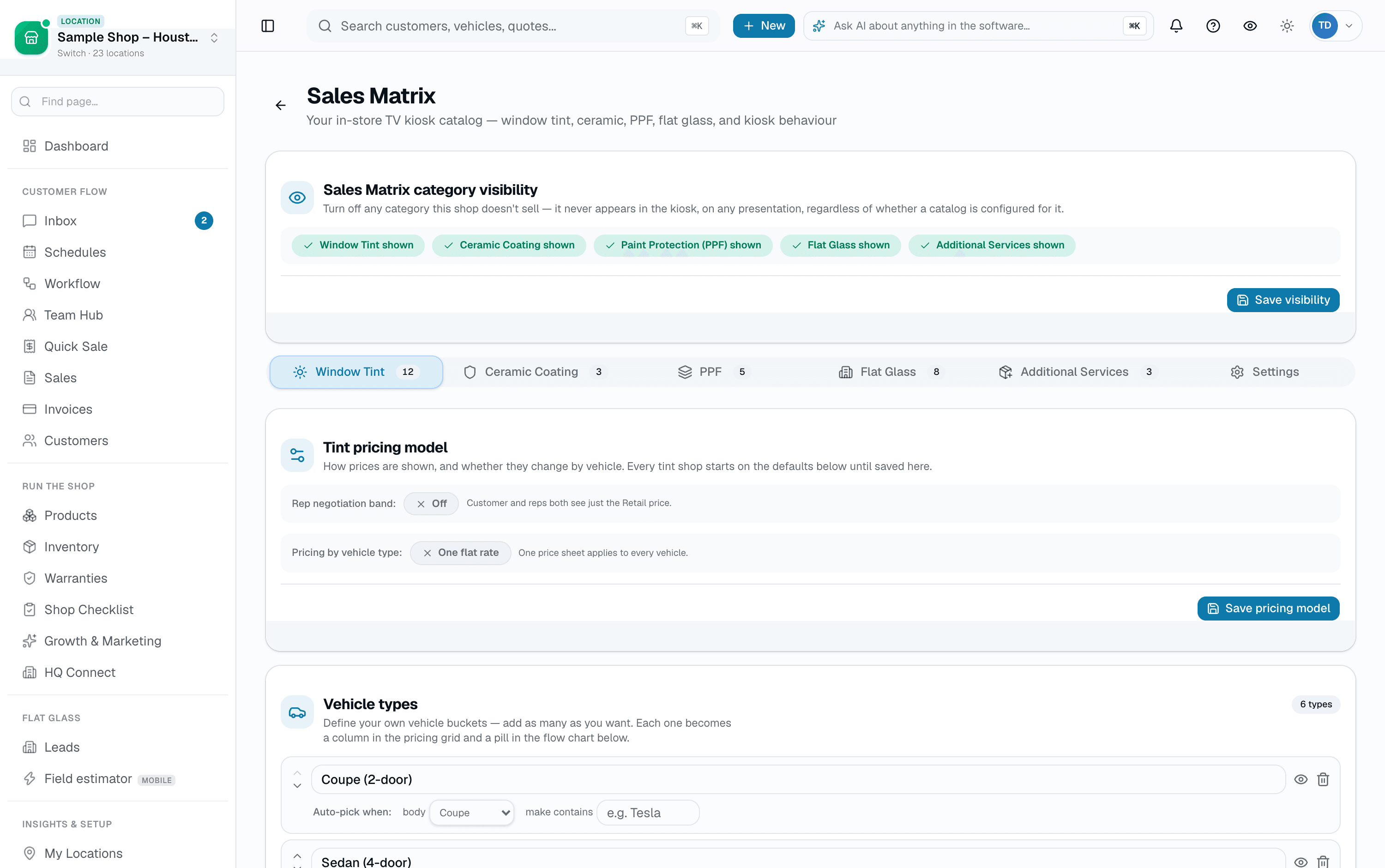 Category visibility and the per-category catalog behind the kiosk — turn off anything this shop doesn't sell and it never appears in a presentation, whatever else is configured. This is what the Present flow reads from.
