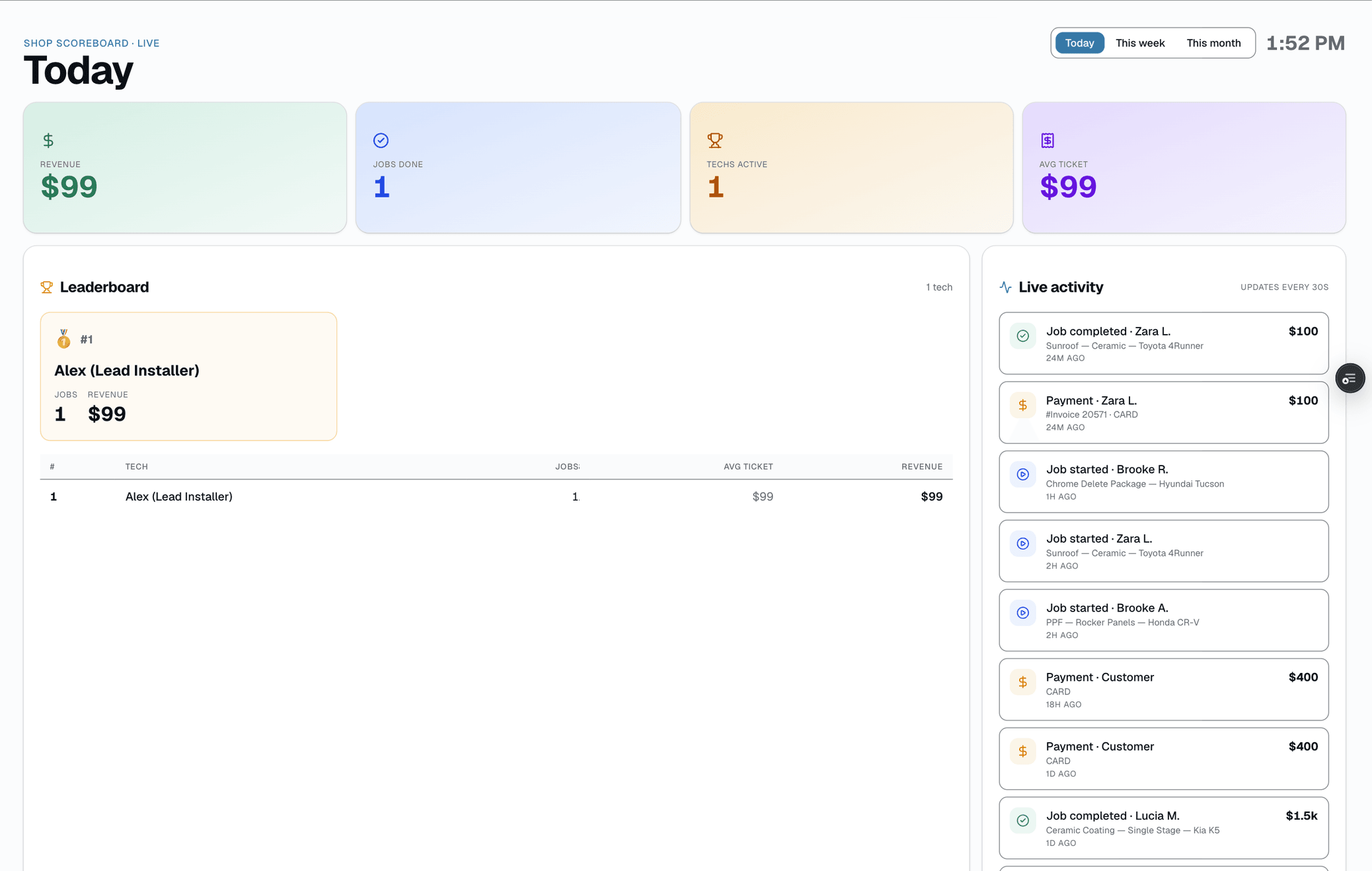 Events scroll across the ticker, polling every 30s. Built to glance at from across the room — no click-through, no filters.