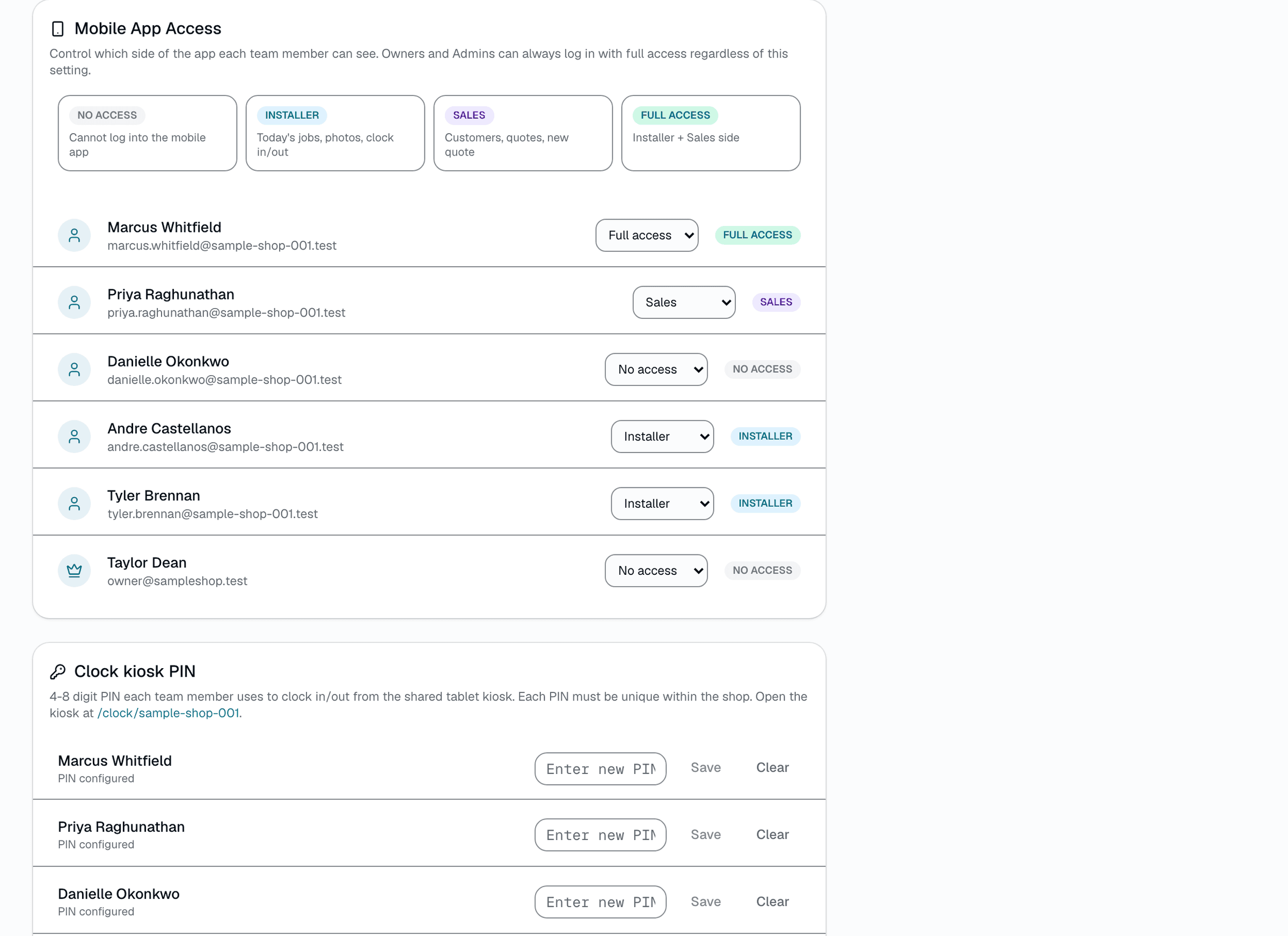 It's tempting to think one role field should decide everything, but SalesThumb tracks field access and management access separately. mobile role answers 'what kind of work does this person do' (install, sell, both, or neither).