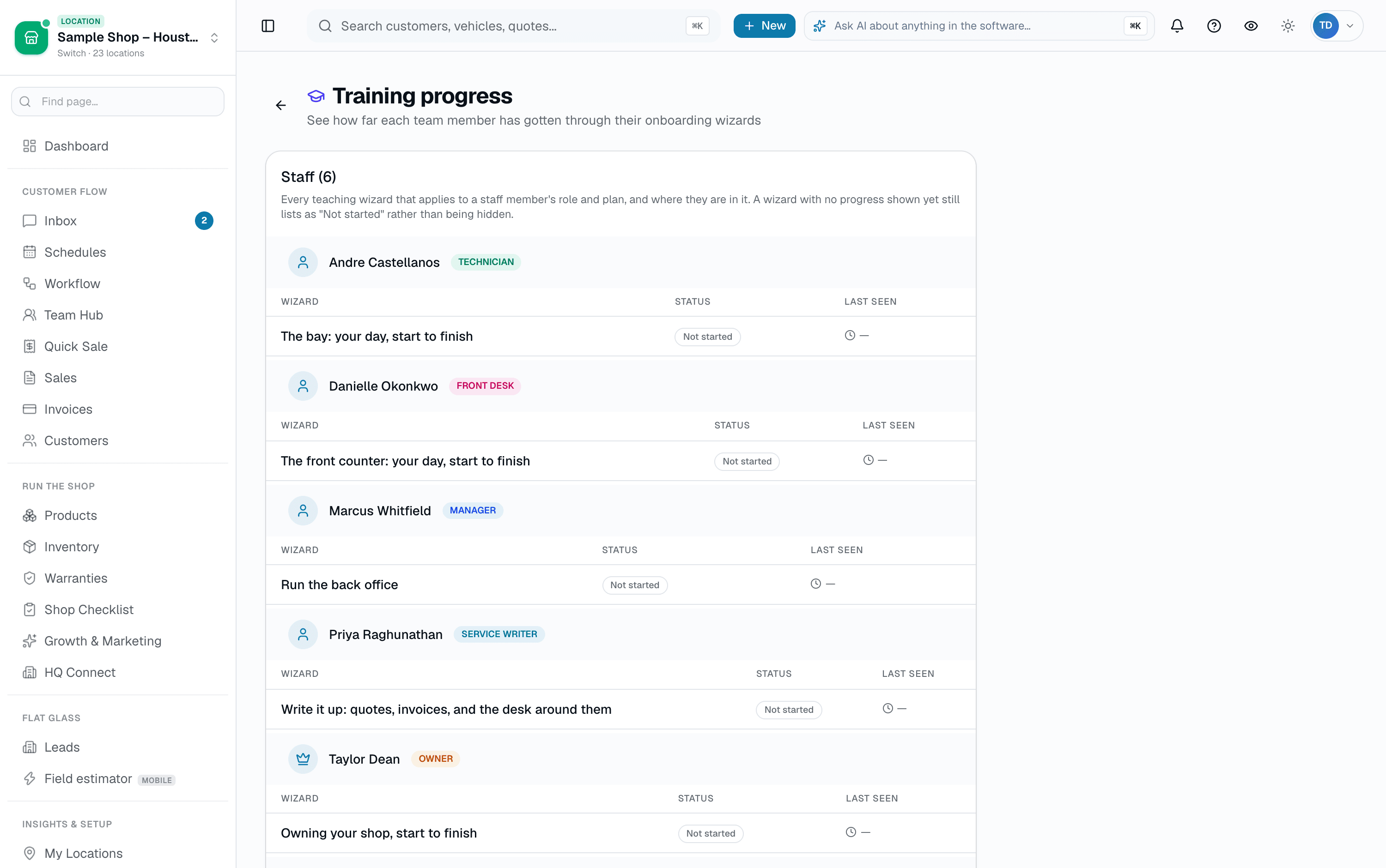 Training progress per team member — which wizards apply to them, and where they are in each one. A wizard nobody has opened still lists as "Not started" rather than being hidden.