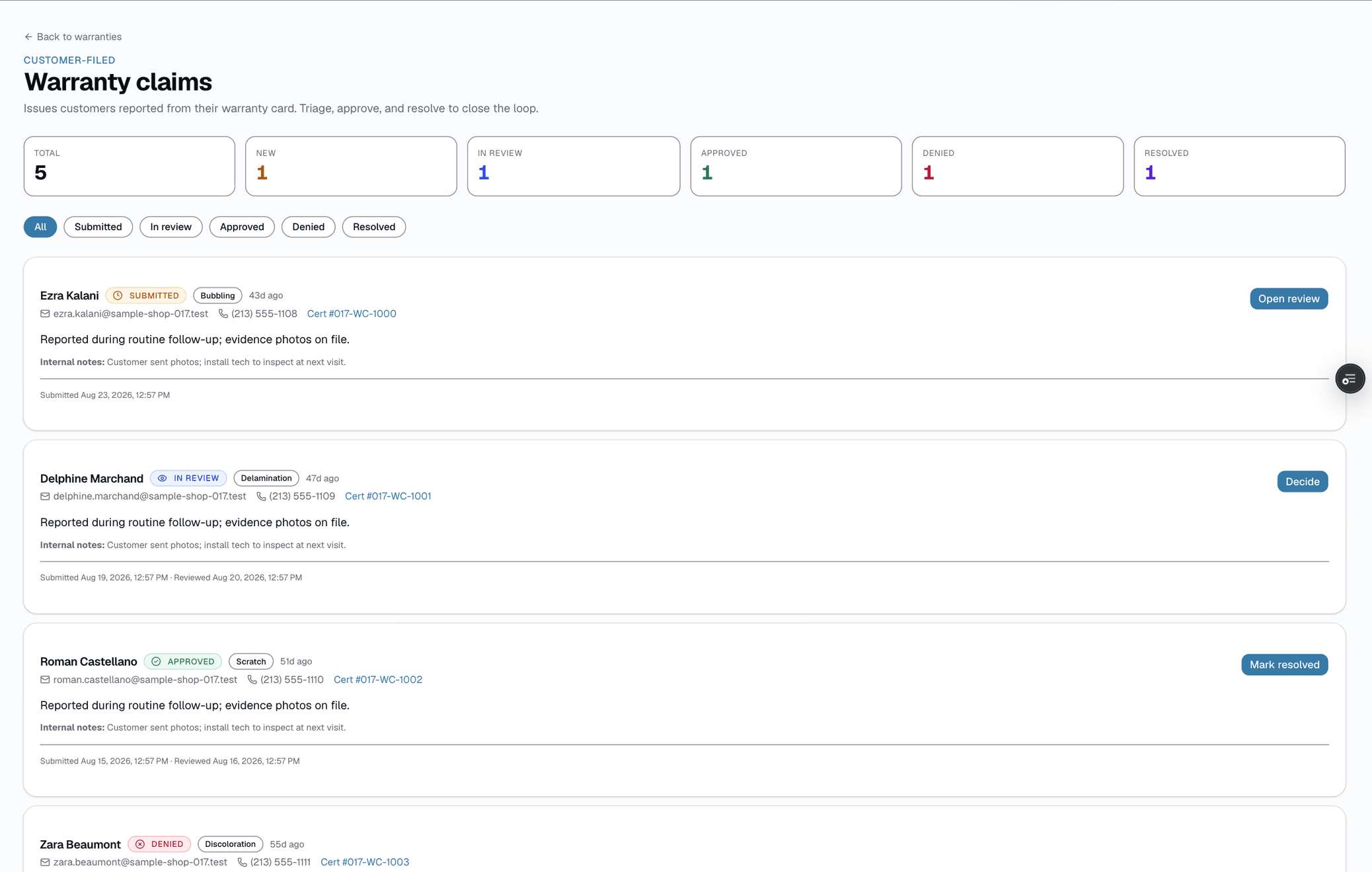 Claims move Submitted → In review → Approved / Denied / Resolved. Each transition is a manual status change with an optional note (shop notes, a denial reason, or resolution notes) — nothing here fires an automatic message to the customer, generates a follow-up appointment, or forwards anything to a film manufacturer.