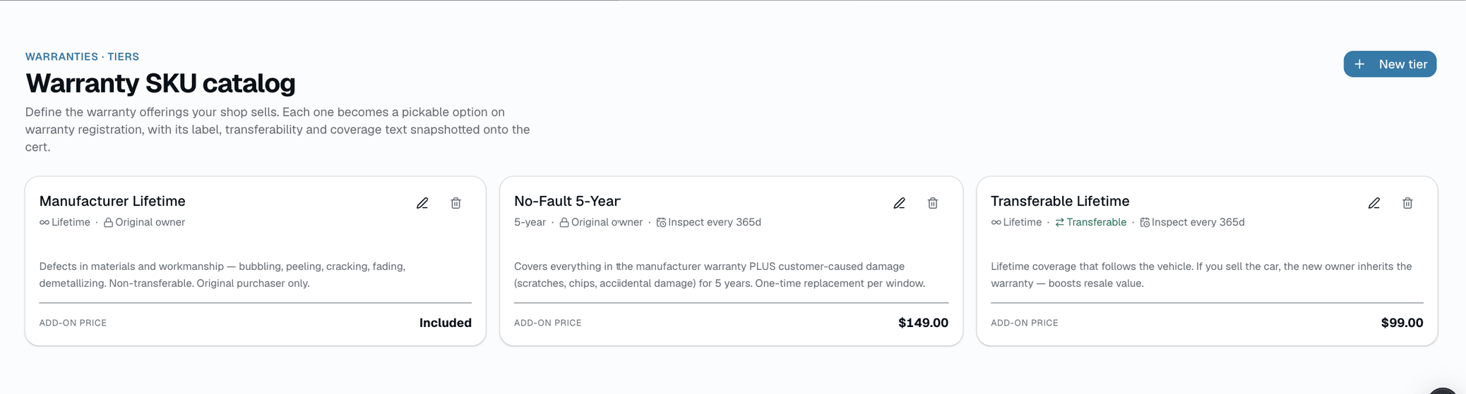 A flat catalog of coverage tiers: duration, coverage text, transferable, add-on price, optional inspection cadence.