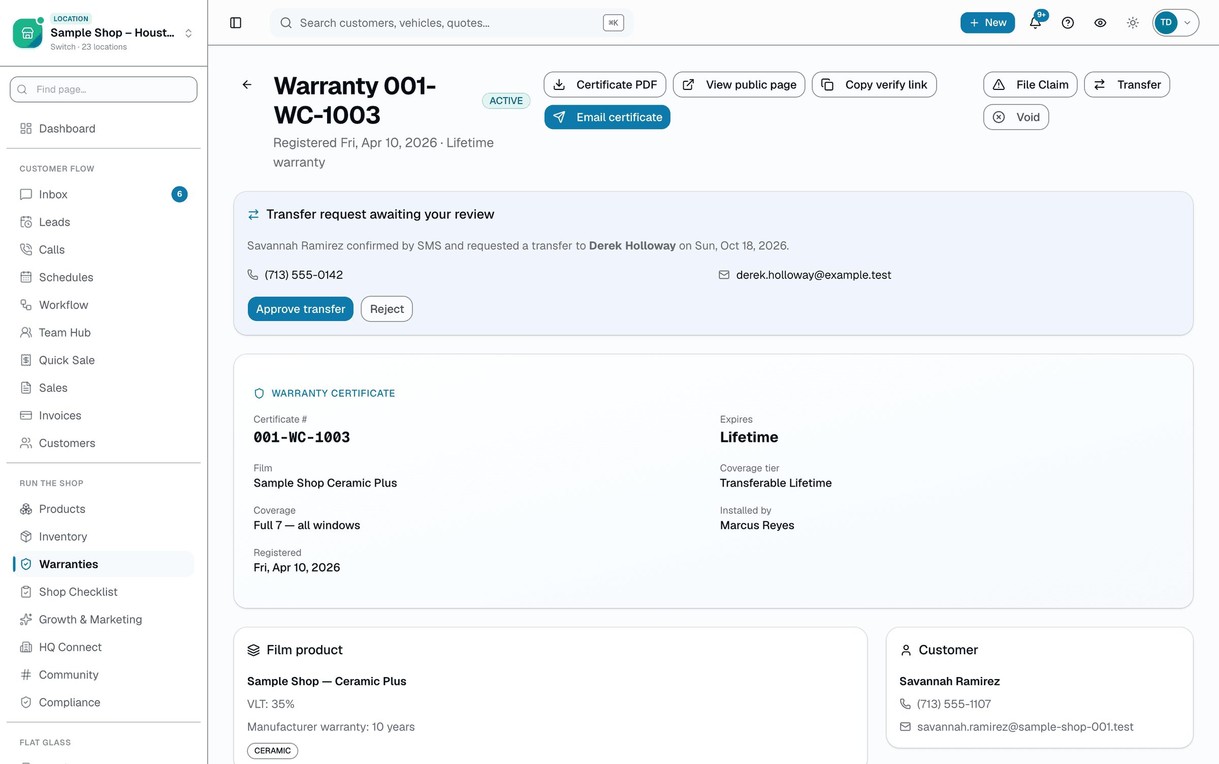 On a transferable warranty, the current owner opens the certificate's public page, confirms with a text code, and hands the phone to the buyer, who enters their name and contact info and uploads a bill of sale or ID. The request waits for a staff member to approve or reject it.