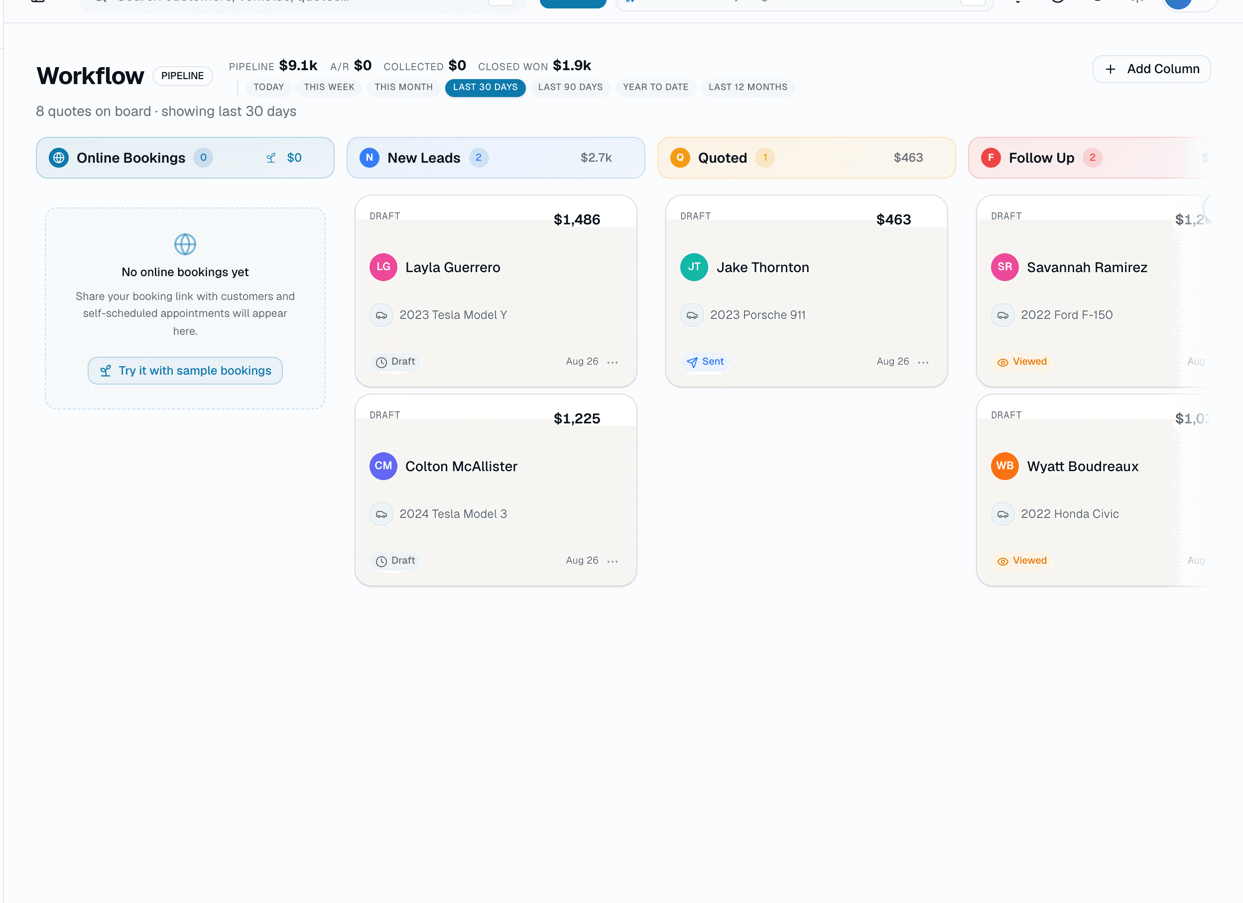 SalesThumb workflow board with quote cards in columns