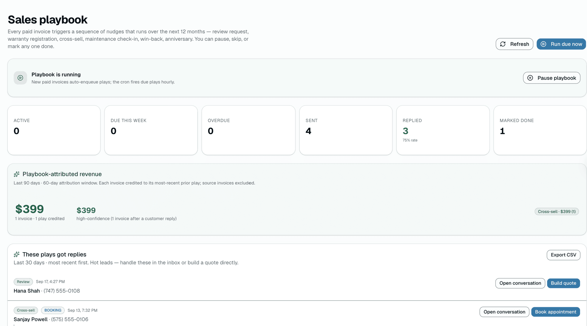 SalesThumb Sales playbook screen with sent follow-ups, customer replies and the revenue they brought back, captured from the Test Drive sample shop
