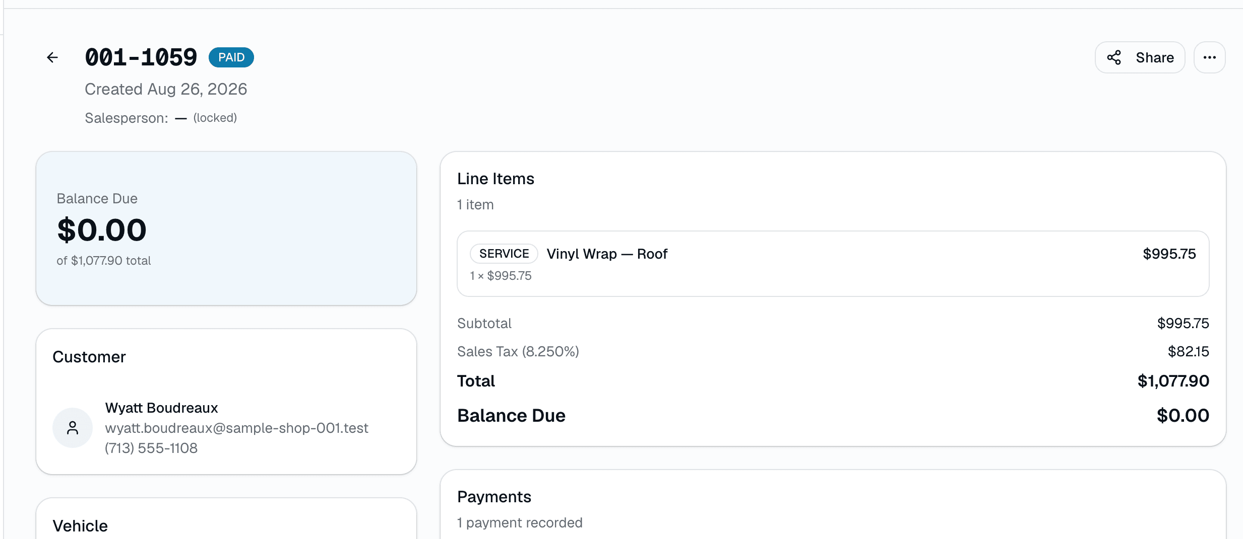 A paid SalesThumb invoice with its line item, tax, total and balance due, captured from the Test Drive sample shop
