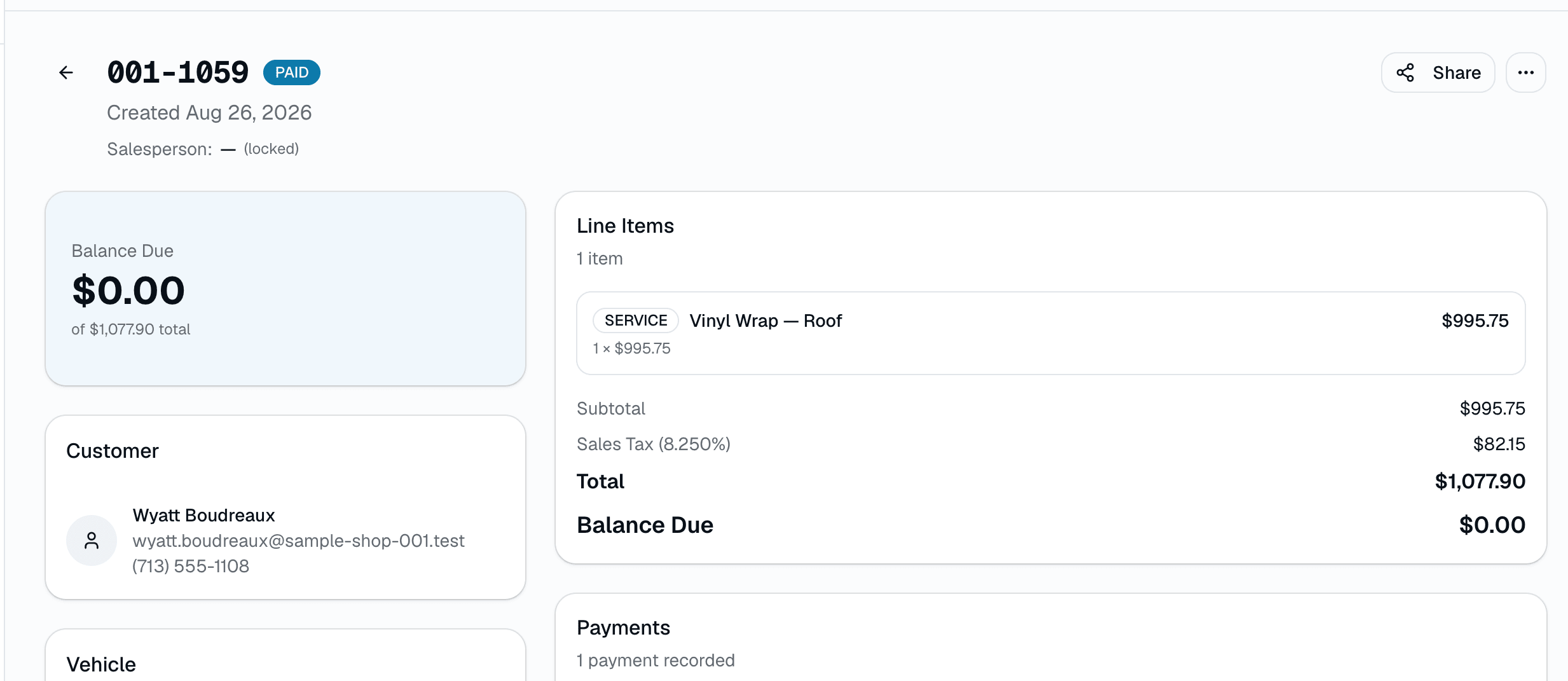 A paid SalesThumb invoice for a vinyl roof wrap