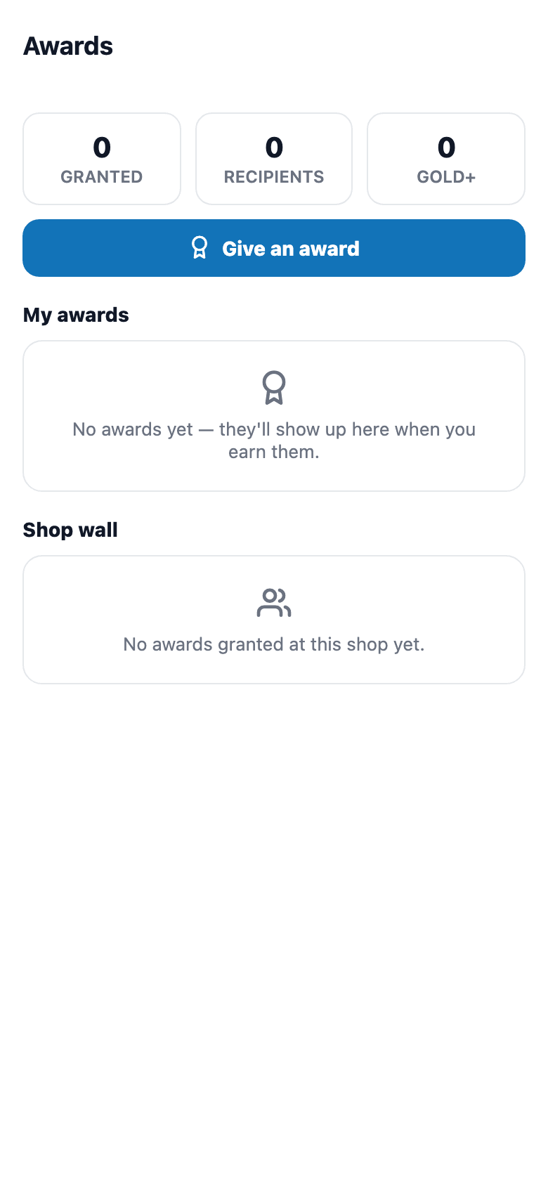 Shop stats, your own awards wall, and the team's shop-wide feed — owners can grant new ones.