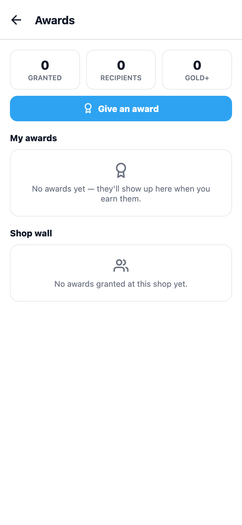 Shop stats, your own awards wall, and the team's shop-wide feed — owners can grant new ones.