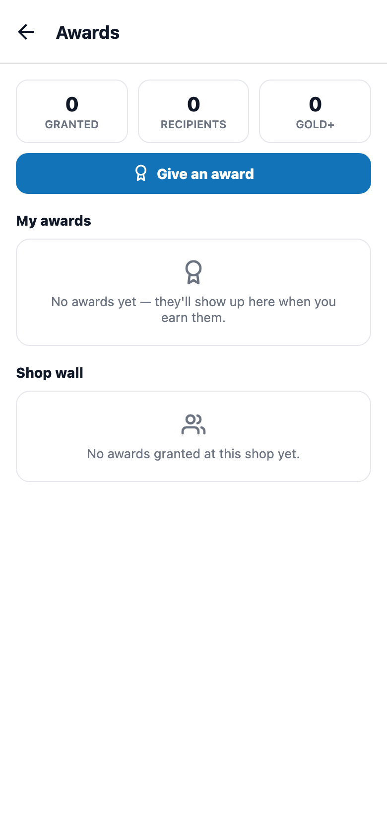 Shop stats, your own awards wall, and the team's shop-wide feed — owners can grant new ones.