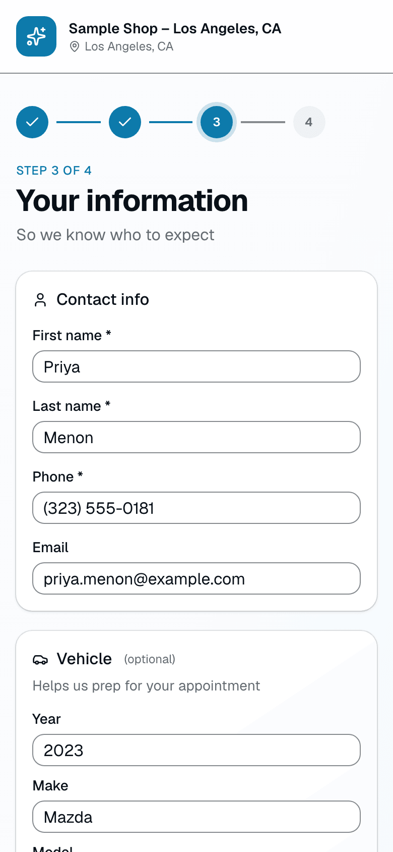 Step 3 asks for name, phone, and email — plus optional vehicle year, make, model, and color as plain text fields. No VIN required, no camera scan.