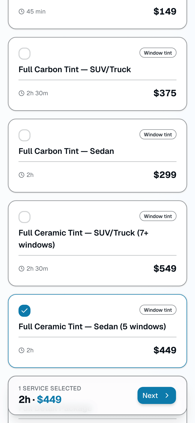 Service list with name, category, description, duration, and price.