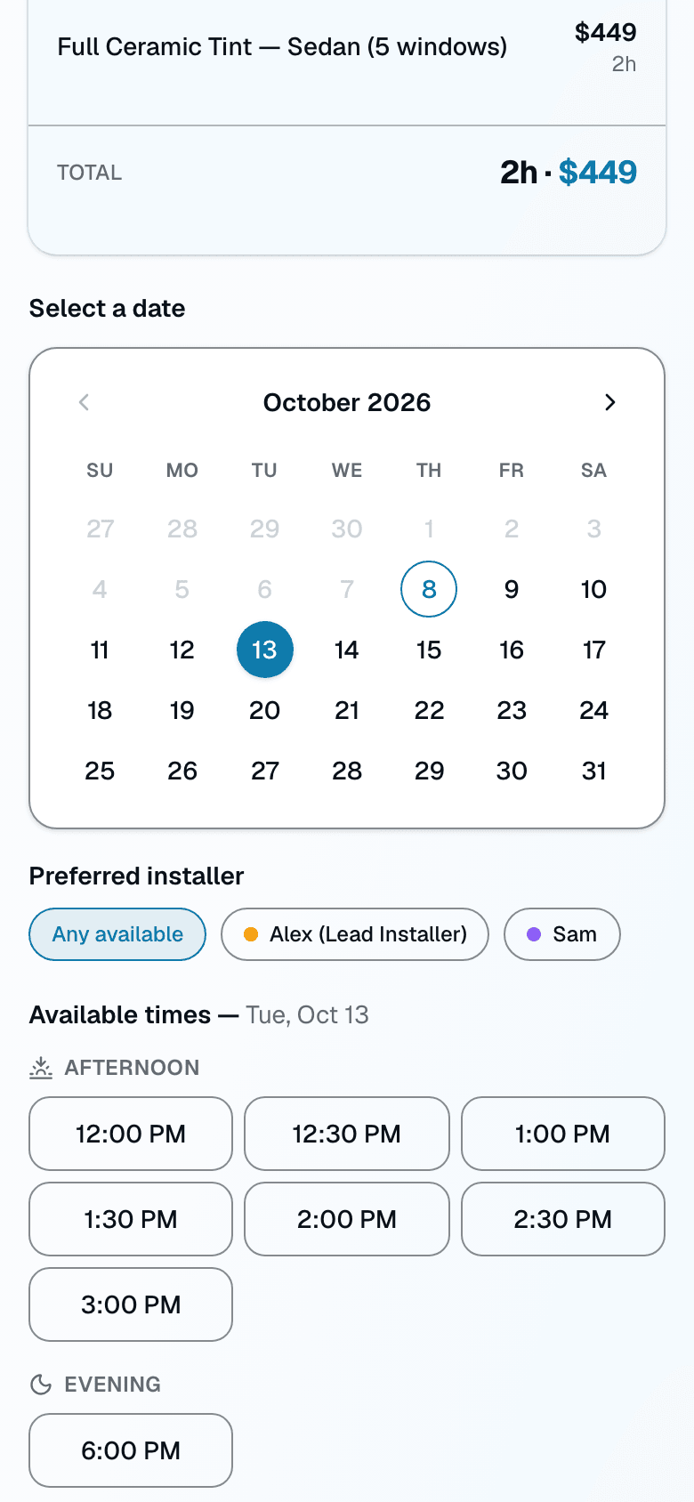 The times shown on step 2 come from the same calendar your shop runs on. Pick a date, and available slots for the selected service and (optionally) a preferred installer are grouped into morning, afternoon, and evening.