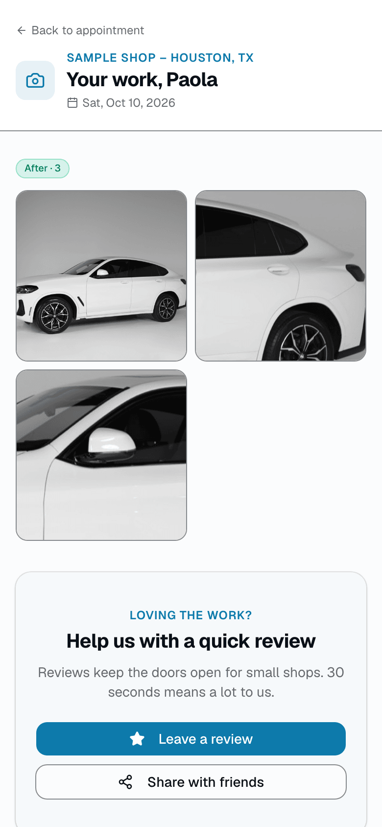 The customer gallery URL is a marketing asset most tint shops never build. SalesThumb's customer gallery is a mobile-first page with your logo, your shop name, the customer's first name, the appointment date, and their before and after photos.