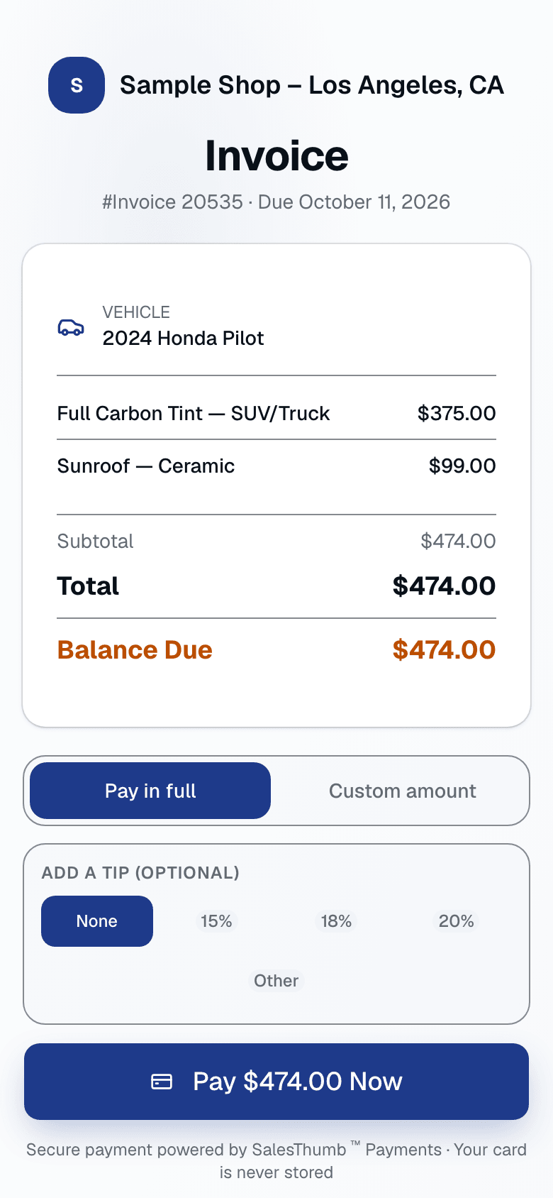 Customer taps the SMS link, pays by card, success screen — no account, no friction.