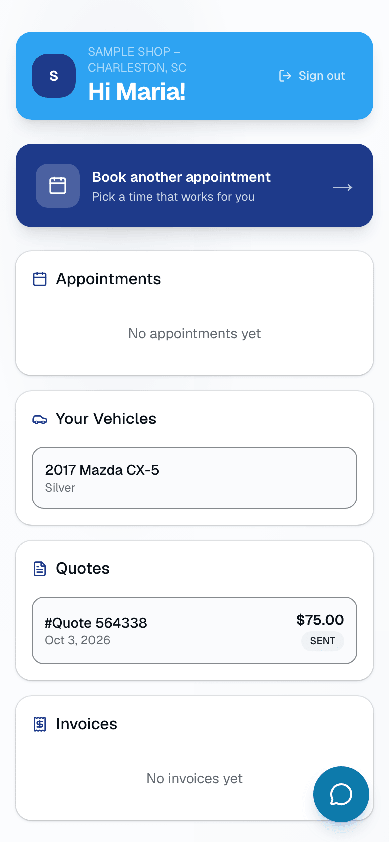 Tapping the link drops them at /portal/<token> — no login form, no account creation, no app install. They see their own appointments (with a link to before/after photos once a job is complete, or reschedule/cancel while upcoming), quotes, invoices with balance owed, warranty status, their vehicles, and a loyalty card.