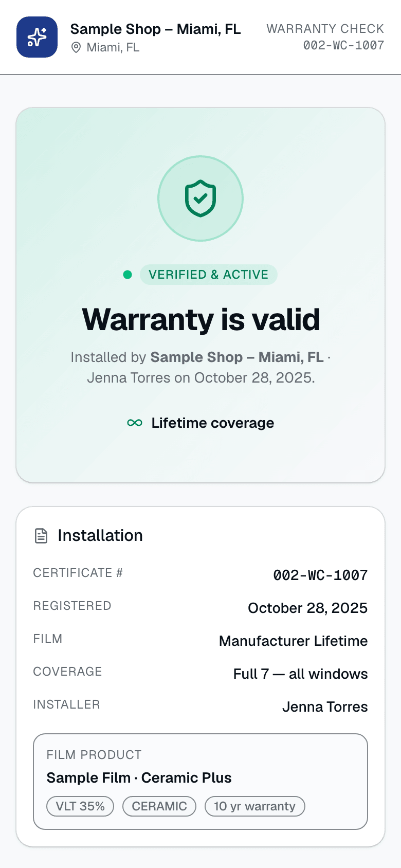 Anyone who lands on a certificate's public page can file a claim — no account, no login. The form asks for name, email, phone, one of 6 issue types (bubbling, peeling, discoloration, scratch, delamination, other), and a description of at least 10 characters.