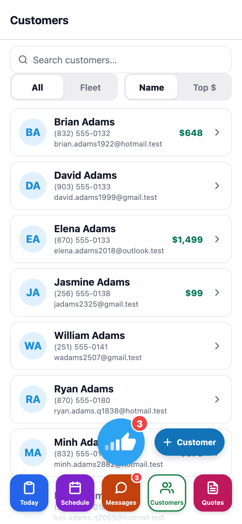 Searchable directory of every customer in the shop — tap through to full detail.