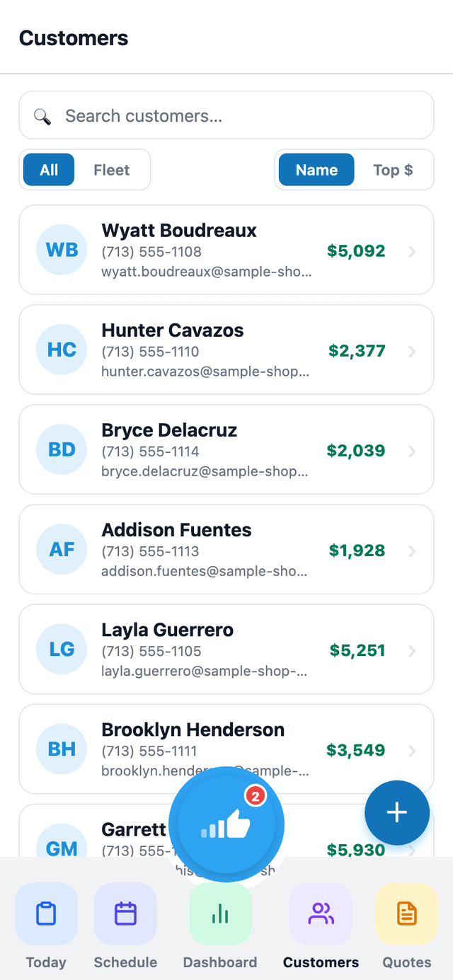 The mobile app's Customers tab lists every customer with lifetime value at a glance — the same CRM data as the web app, in your pocket.
