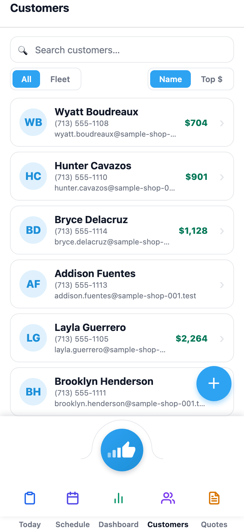 Searchable directory of every customer in the shop — tap through to full detail.