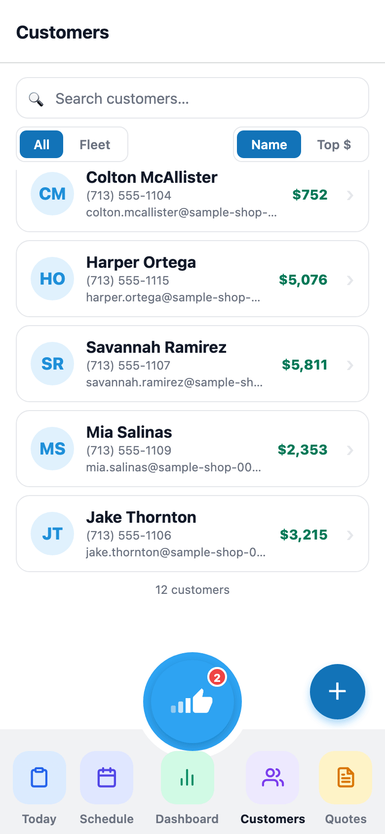 Searchable directory of every customer in the shop — tap through to full detail.