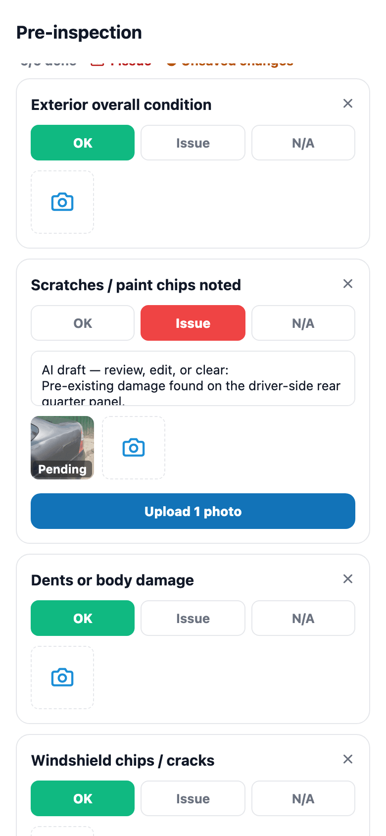 Every dispute in the tint / PPF world comes back to 'was it like that when I dropped it off?' On the pre-install inspection, the tech marks an item as an issue and snaps a photo. On the Pro plan, AI looks at that photo and drafts the damage note — what it is, where it is, and how bad — right in the item's notes, clearly marked as an AI draft to review, edit, or clear.