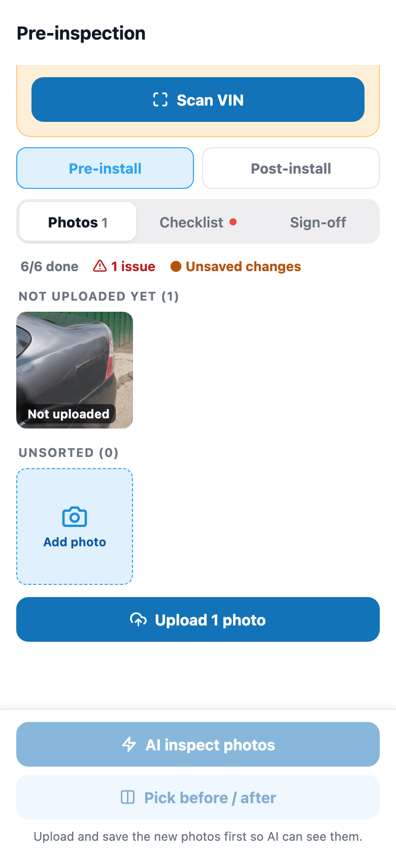If it takes more than 3 taps, techs skip it. In the installer app you tap a job on today's list and pick the Before or After tab first so you're not doing data entry with dirty gloves.