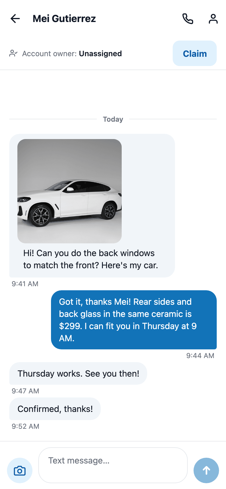 A customer texts a photo of their car and you answer with a price and a time, right from your phone. Photos up to 5MB each way.