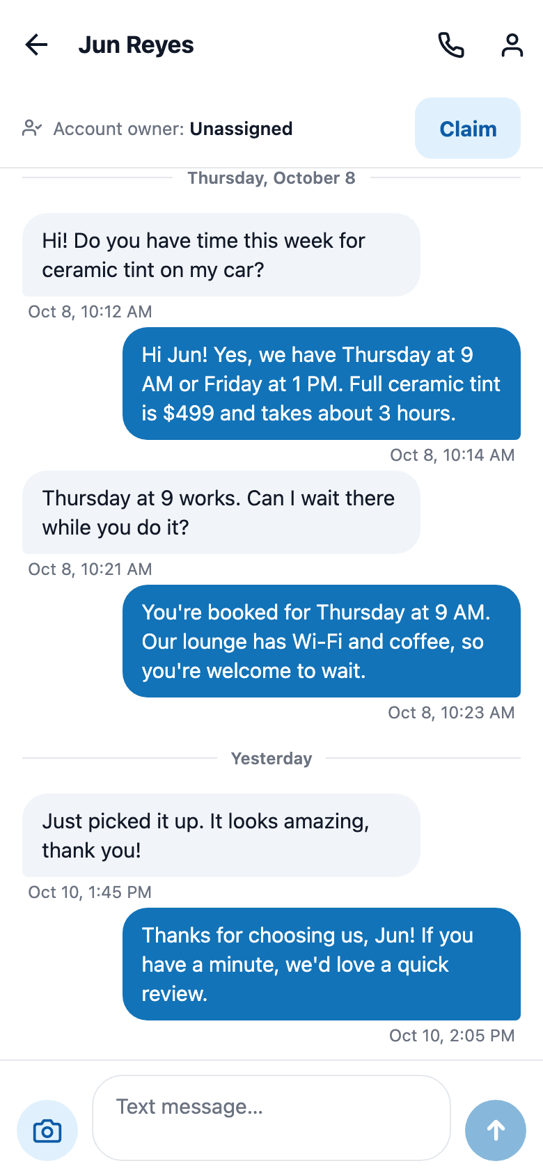 Customer SMS threads plus a Leads bucket for web-chat and Facebook visitors not yet matched to a customer.