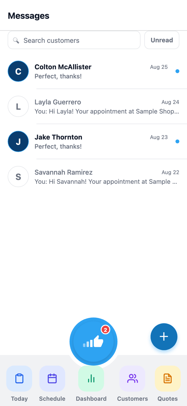 The mobile app's Messages tab is the same two-way customer messaging inbox as the web app — reply from the floor, not just the front desk.