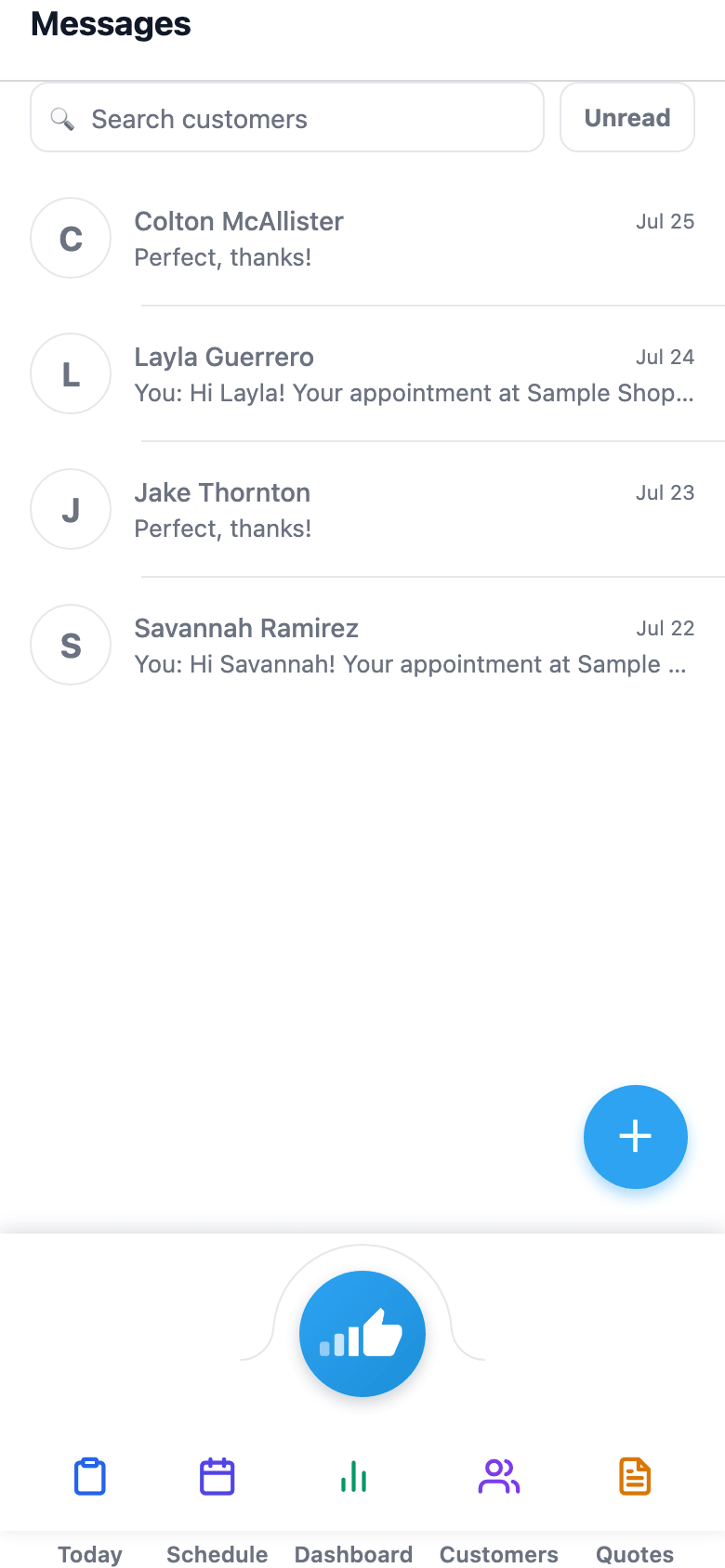 Customer SMS threads plus a Leads bucket for web-chat and Facebook visitors not yet matched to a customer.