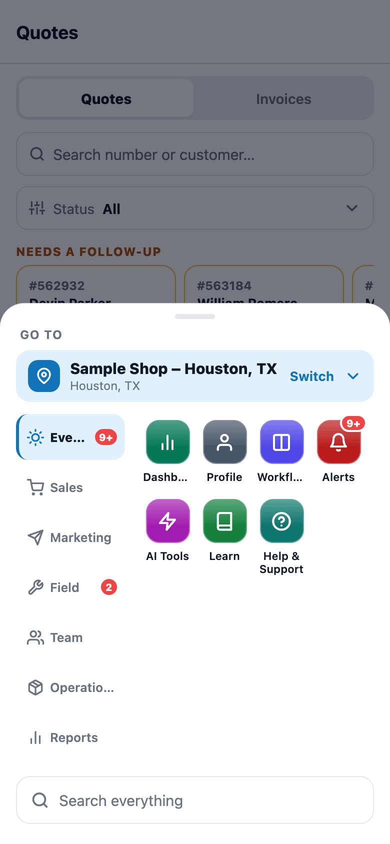 Every other tool in one menu, sorted into groups (Everyday, Sales, Marketing, Field, Team, Operations, Reports), with search across the app.
