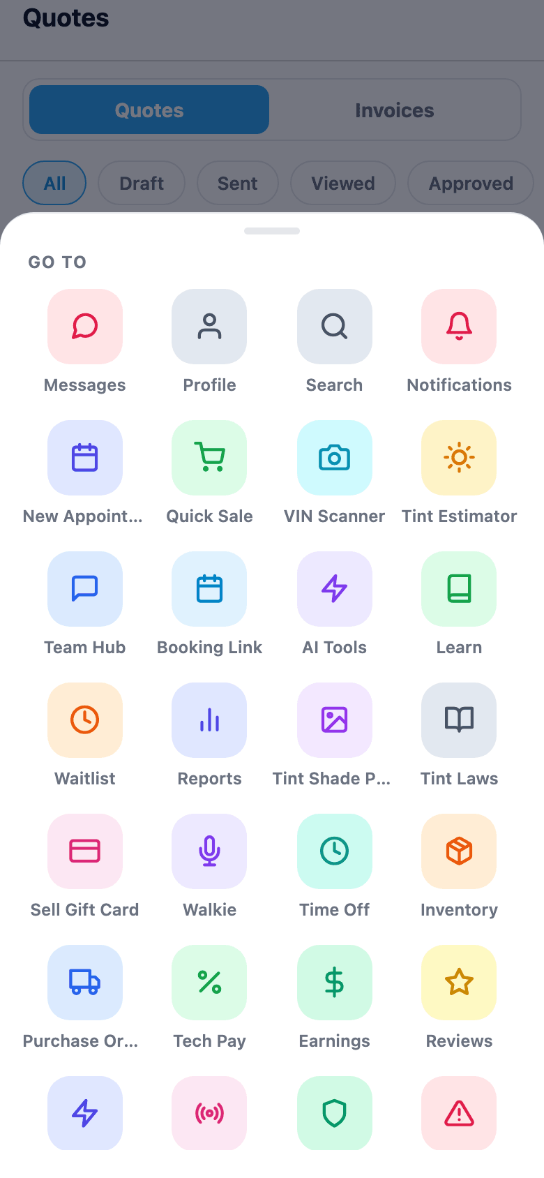 Every other tool in one grid: VIN scanner, tint estimator, warranties, time off, AI tools, and more.