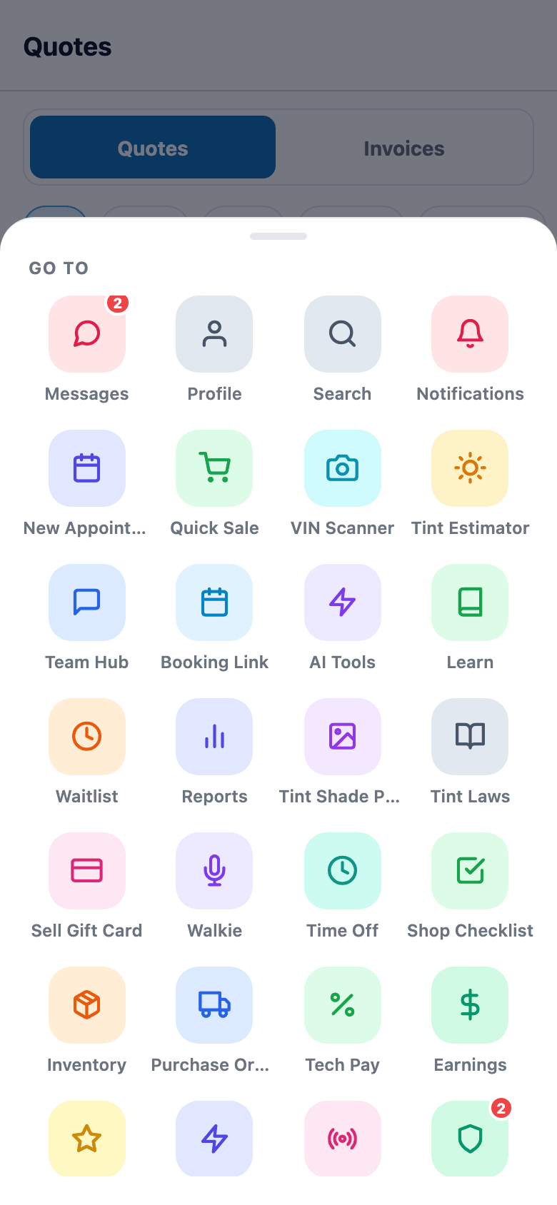 Every other tool in one grid: VIN scanner, tint estimator, warranties, time off, AI tools, and more.