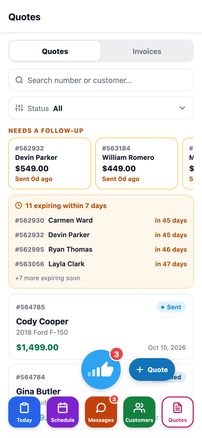 Every quote for the shop with a status filter — tap to view or send.