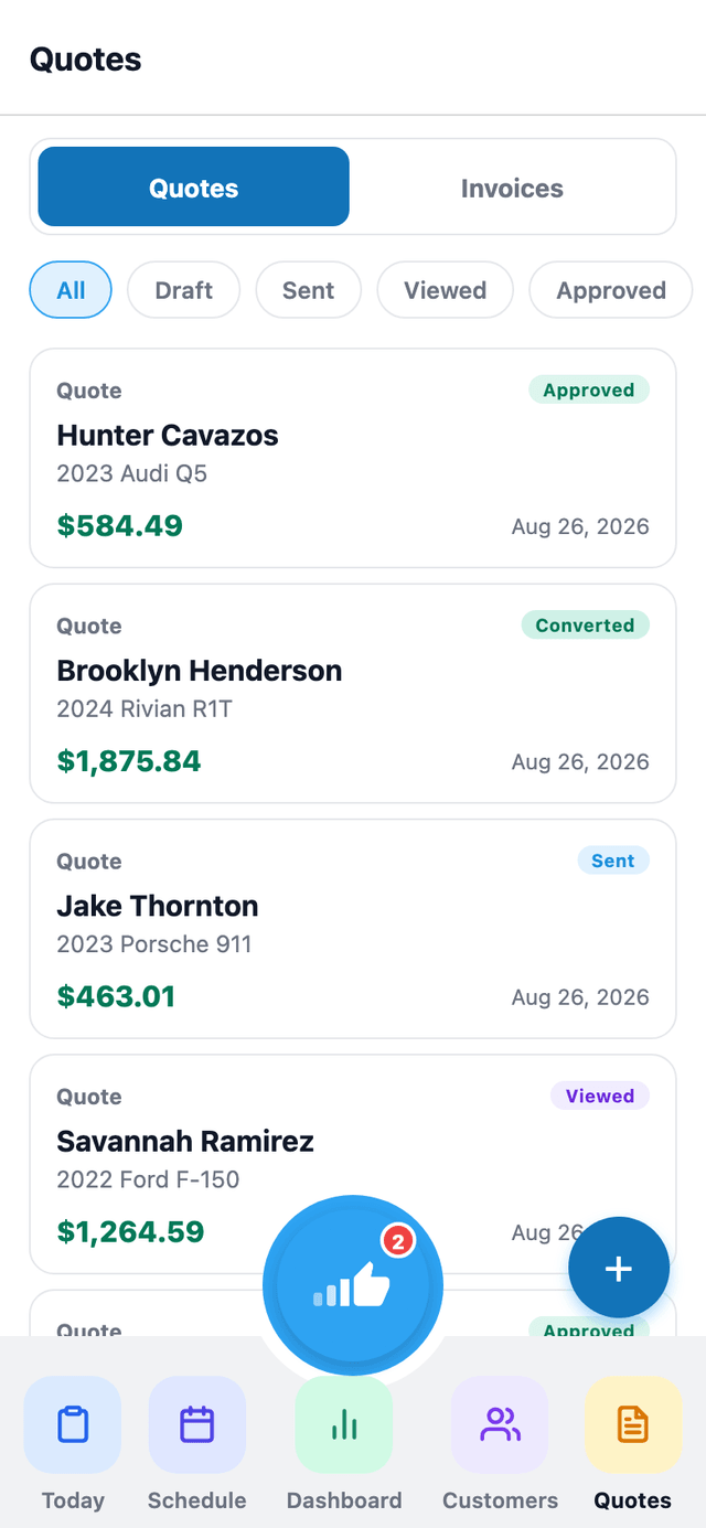 The mobile app's Quotes tab shows quotes and invoices with status badges — sales staff can check status without opening a laptop.