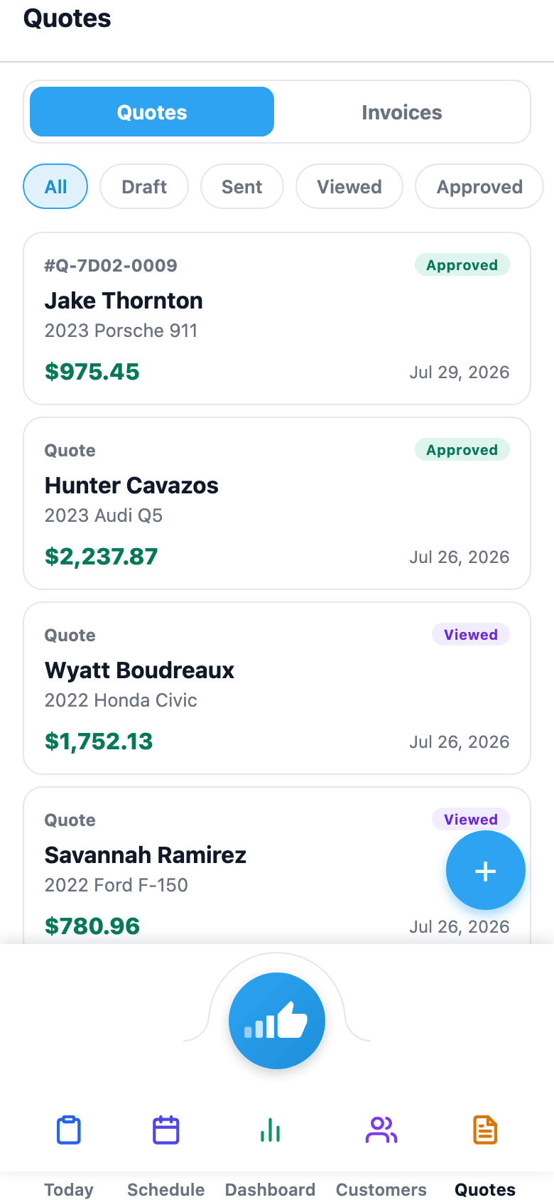 Every quote for the shop with a status filter — tap to view or send.