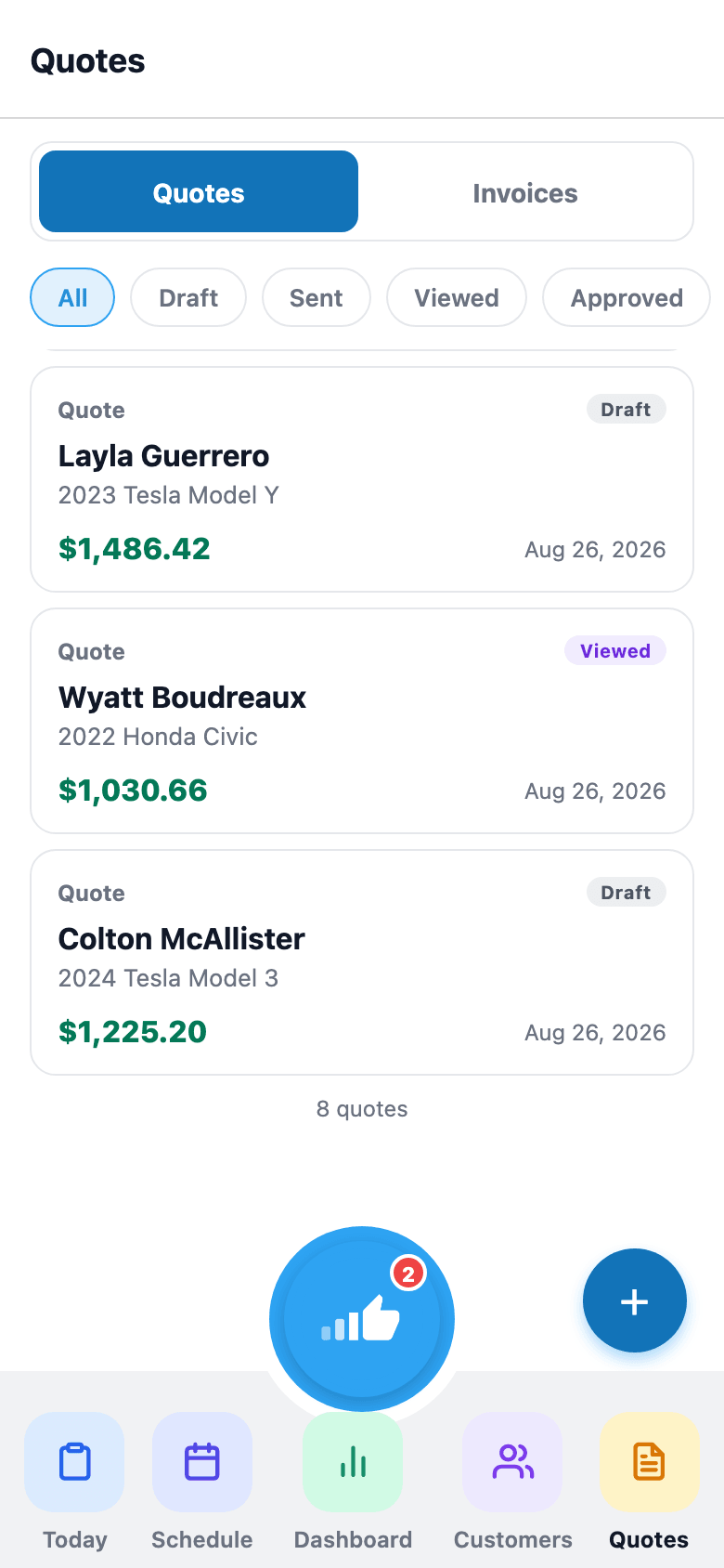 Every quote for the shop with a status filter — tap to view or send.
